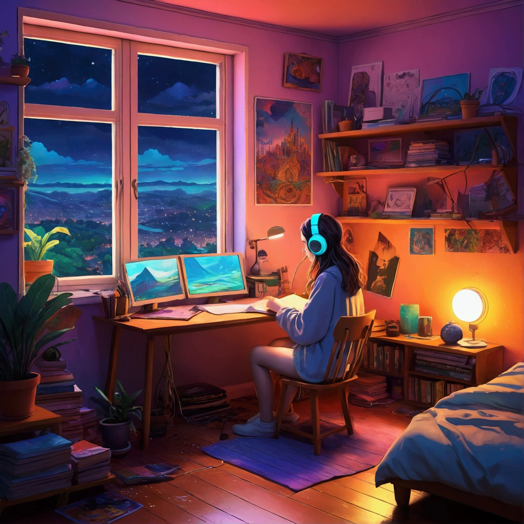 European hippie girl studying in her room, dream, Wear headphones, night lighting, Neon scenery on a rainy day, Analog Color Theme, Lo-fi hip hop , review, flat, 2.5D ,Draw a line, Ink painting, Large slope, Watercolor, Goosh Colors, Studio Ghibli Style, Great colorful, Outerton, Krautlock, Lofi Art, 70s style,Old Texture, amplitude,Psychedelic atmosphere, masterpiece, Great technology,