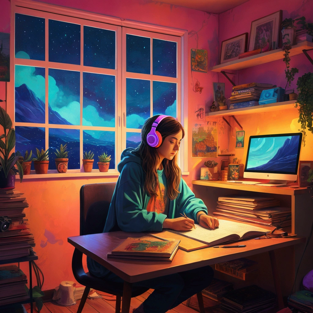 European hippie girl studying in her room, dream, Wear headphones, night lighting, Neon scenery on a rainy day, Analog Color Theme, Lo-fi hip hop , review, flat, 2.5D ,Draw a line, Ink painting, Large slope, Watercolor, Goosh Colors, Studio Ghibli Style, Great colorful, Outerton, Krautlock, Lofi Art,  70s style,Old Texture, amplitude,Psychedelic atmosphere, masterpiece, Great technology,