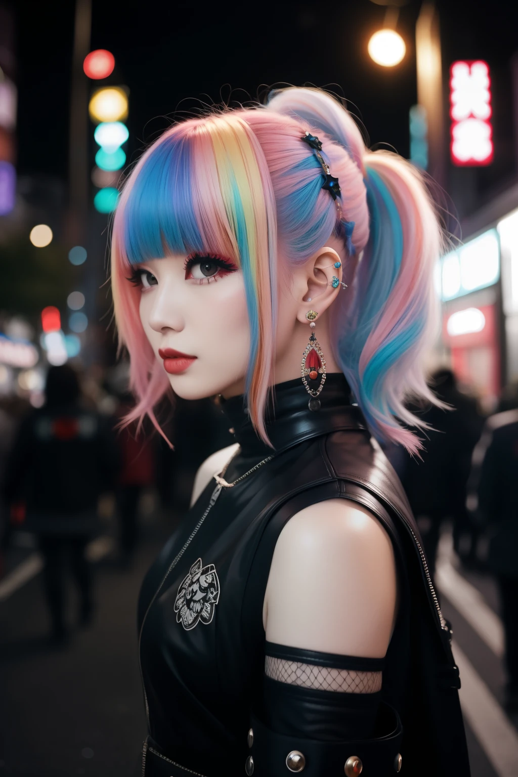 red hair、savage_punk, one girl, alone, medium shot, Take a walk in Harajuku, ((At night)), bokeh depth of field, neon lights, 무지개 eye, starry sky, 붉은 shiny hair, 흰 eye썹, shiny hair, (rainbow colored white hair), earring, Barred, jewel, mask, blunt bangs, field&#39;eye, Mouth mask, haziness background, haziness, headdress, look at the viewers, Short hair, portrait, side lock