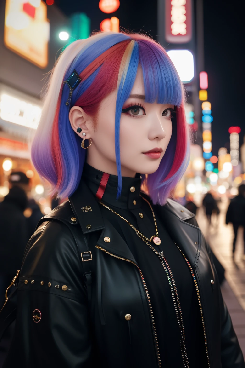 red hair、savage_punk, one girl, alone, medium shot, Take a walk in Harajuku, ((At night)), bokeh depth of field, neon lights, 무지개 eye, starry sky, 붉은 shiny hair, 흰 eye썹, shiny hair, (rainbow colored white hair), earring, Barred, jewel, mask, blunt bangs, field&#39;eye, Mouth mask, haziness background, haziness, headdress, look at the viewers, Short hair, portrait, side lock