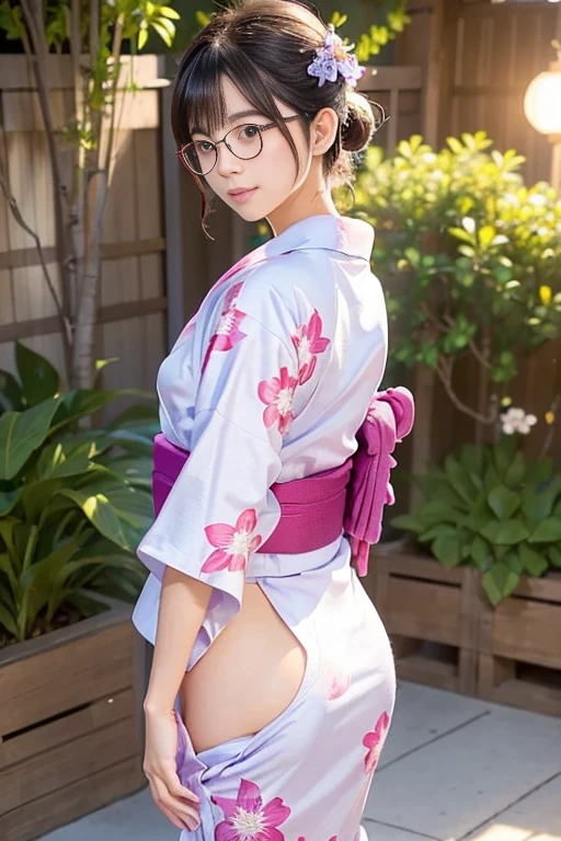 (masterpiece, Highest quality:1.4), Beautiful Face, 8k, 85mm, Absurd, (Floral Yukata:1.1), Face close-up, violet, Gardenia, Delicate girl, alone, night, View your audience, Upper Body, Film Grain, chromatic aberration, Sharp focus, Face Light, Professional Lighting, Sophisticated, (smile:0.4), (Simple Background, Bokeh Background:1.2), detailed aspects,(Show one breast:1.2)((Very young and immature & Very few & Very flat chest:1.2),(Pink fashion glasses,1),(Showing anus from behind:1),(time々々Anal licking:1),(((Take off your yukata and show me your anus:1.2))),