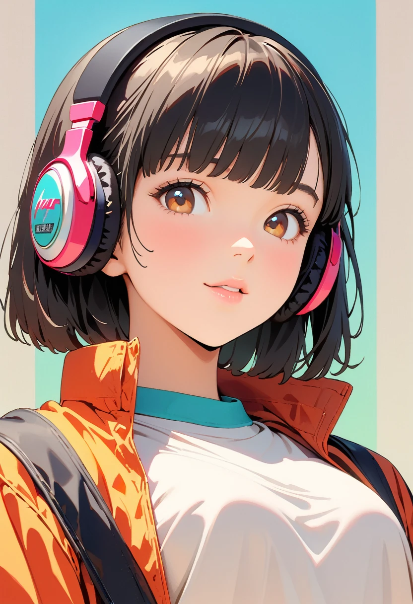 (Highest quality:1.2, City Pop Style, Very detailed, Latest, Vibrant, High Contrast, masterpiece:1.2, Highest quality, Best aesthetics), boy, ((Face Up Shot:1.5)), Bobcut,  1980s style, ((Retro, Vintage, Plain background))　Headphones,Black and White