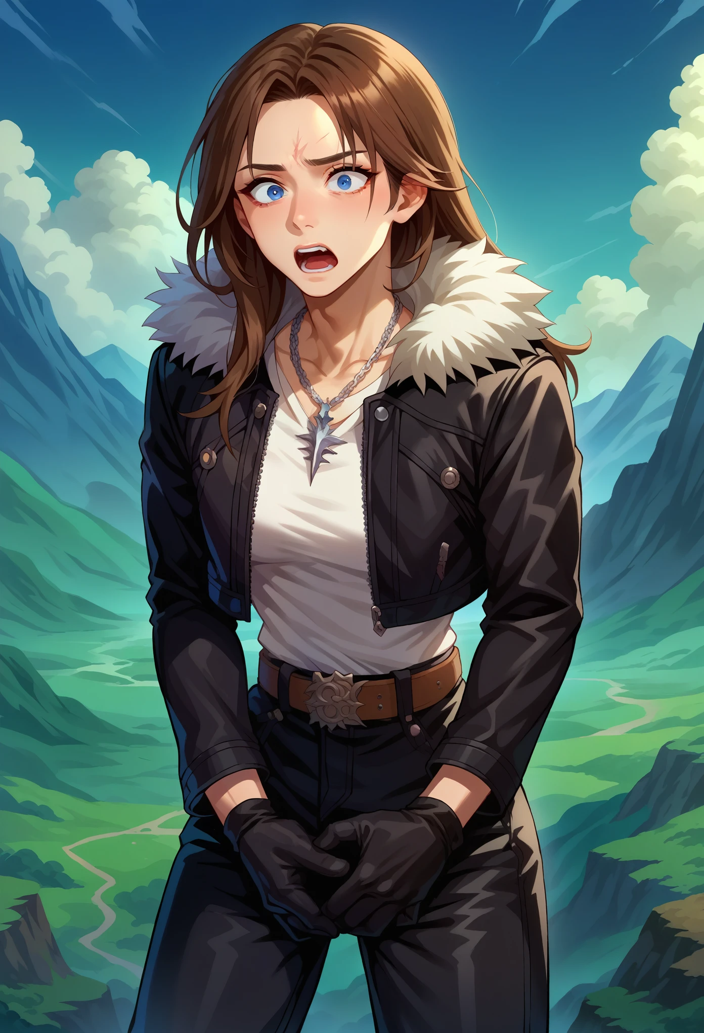 score_9, score_8_up, score_7_up, 1boy, solo, squall, medium breasts, slender body,(single closed eye), necklace, brown hair, long hair, gloves, white shirt, blue eyes, shirt, black gloves, jacket, black jacket, fur trim jacket, black pants, belt, scar, diagonal scar, scar on forehead, hands on crotch, grabbing own crotch, parted bangs, sweathing, shaking, thin waist, leaning forward, shocked face, scared, screaming, stiff hands, standing, looking down, landscape,
