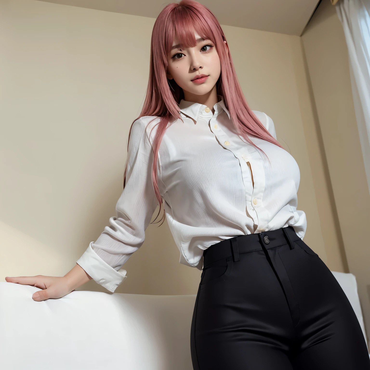 Highest quality、Ultra-high resolution、RAW shooting、Professional Lighting、Detailed Background、coastal、Full Body、Makima、25-year-old female、(High tone cherry pink hair)+(Long Hair)+(bangs)、(Yellow Eyes)、White see-through shirt,(Black trousers:1.5)、Huge breasts that look like they might burst、Modest abdominal muscles、Big Ass、Big thighs、A sloppy smile、Close your mouth、(Sweaty skin)、