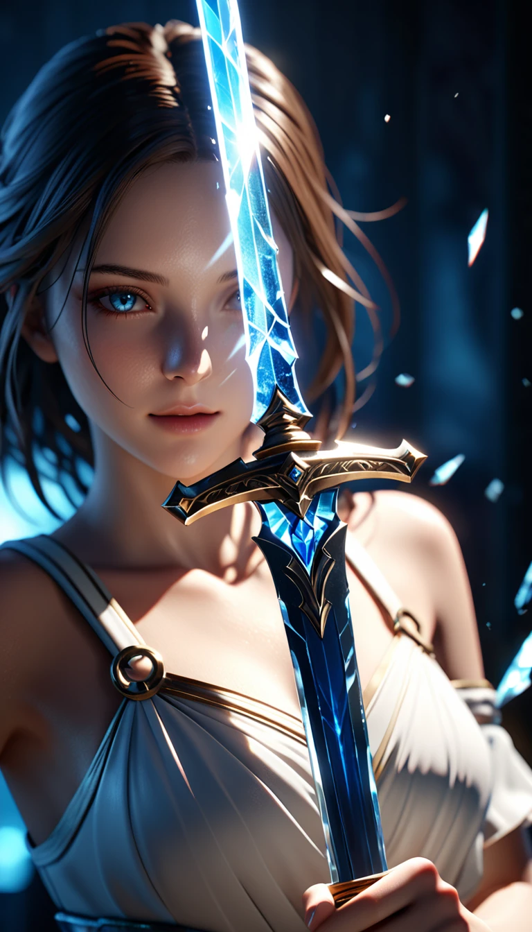 shattered glass,broken,refraction,Reflective,Light and Shadow Art,1 Girl half body close-up,Blurred foreground,Dynamic Action,Motion Blur,Luminescence( Sword),blue light,Realistic sword,3d ,Unreal Engine,Rendering,scary shadows