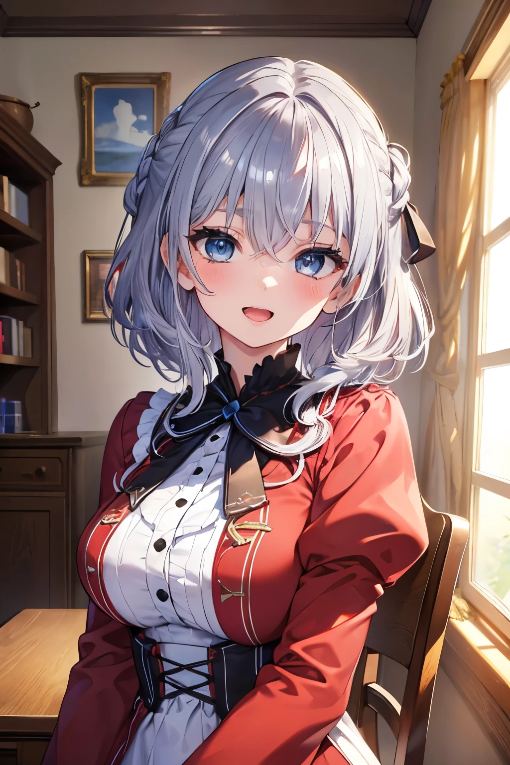 (Best quality,4K,8K,High resolution,Masterpiece:1.2),Super detailed,(Actual, Realistic),
break,
((Beautiful clear blue eyes:1.2)),very kind eyes,eyes wide open,beautiful eyelashes,beautiful lower eyelashes,
break,
((Beautiful and shiny silver hair:1.3)),hairstyle side braid,A dazzling smile, a bursting smile, an open mouth laugh,
break,
red dress,black ribbon,
break,
very happily,((bust shot)),((zoom in)),Room with classic furniture,desk and chair