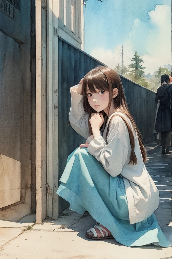 Official art using hand-drawn watercolor sketch technique A girl lost at the end of the world