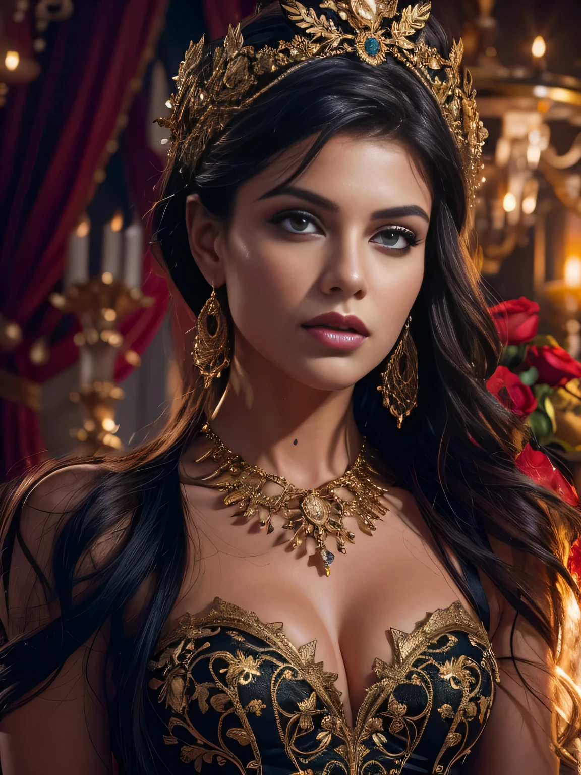 Twilight lady, beautiful and mysterious woman, a work of art of beauty, realistic and sharp focus, wearing sexy clothes. detailed Professionally retouched, soft lighting, realistic and smooth face, perfect eyes, sharp focus on eyes, 8k, high definition, incredibly detailed, complex, elegant. in a London BigBen fund. long black hair, striking face, expressive and crystalline green eyes, black floral tulle with gold embroidered edges draped over the shoulders, shiny red and gold satin corset, detailed and intricate, draped black skirt, light fabric, with golden roses at the waist, night background. Full HD.