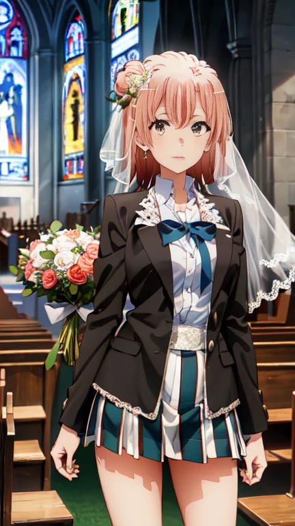 masterpiece, Highest quality, One Girl, Thighs, beautiful girl, Flowers, たくさんの小さなflowerびら, flower、Tight waist, RAWphotograph,Bright lighting、Face Light, Dynamic Lighting, Ultra-realistic, High resolution, photograph, Sharp focus, Highly detailed eyes and face,Symmetrical face, whole body、Big Breasts、Long Hair、チラリと見えるThighs、Deep Valley、Beautiful Valley、((((flower嫁衣装、White Lace Micro Mini Skirt、Thighsに白い液が流れる、Immediately after sex、Get to the fore)))、((Church wedding)))