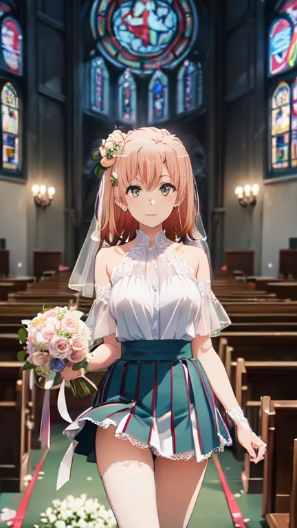 masterpiece, Highest quality, One Girl, Thighs, beautiful girl, Flowers, たくさんの小さなflowerびら, flower、Tight waist, RAWphotograph,Bright lighting、Face Light, Dynamic Lighting,  Ultra-realistic, High resolution, photograph, Sharp focus, Highly detailed eyes and face,Symmetrical face, whole body、Big Breasts、Long Hair、チラリと見えるThighs、Deep Valley、Beautiful Valley、((((flower嫁衣装、White Lace Micro Mini Skirt、Thighsに白い液が流れる、Immediately after sex、Get to the fore)))、((Church wedding)))