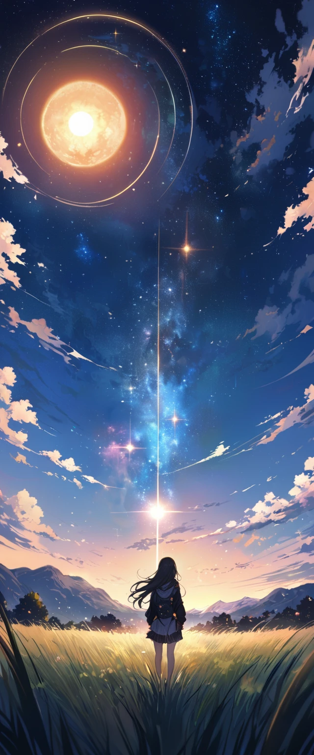 (((masterpiece))),(((Highest quality))),((Very detailed)),Rear View, Gaze at the sun, 空にはuniverse船がある, three suns, Black Hair Girl, 12-year-old girl, (Stand 20 meters apart),Standing in the grassland, landscape, universe, 8k, Super Detail,The whole scene is shining'S、illumination、Particles of light,