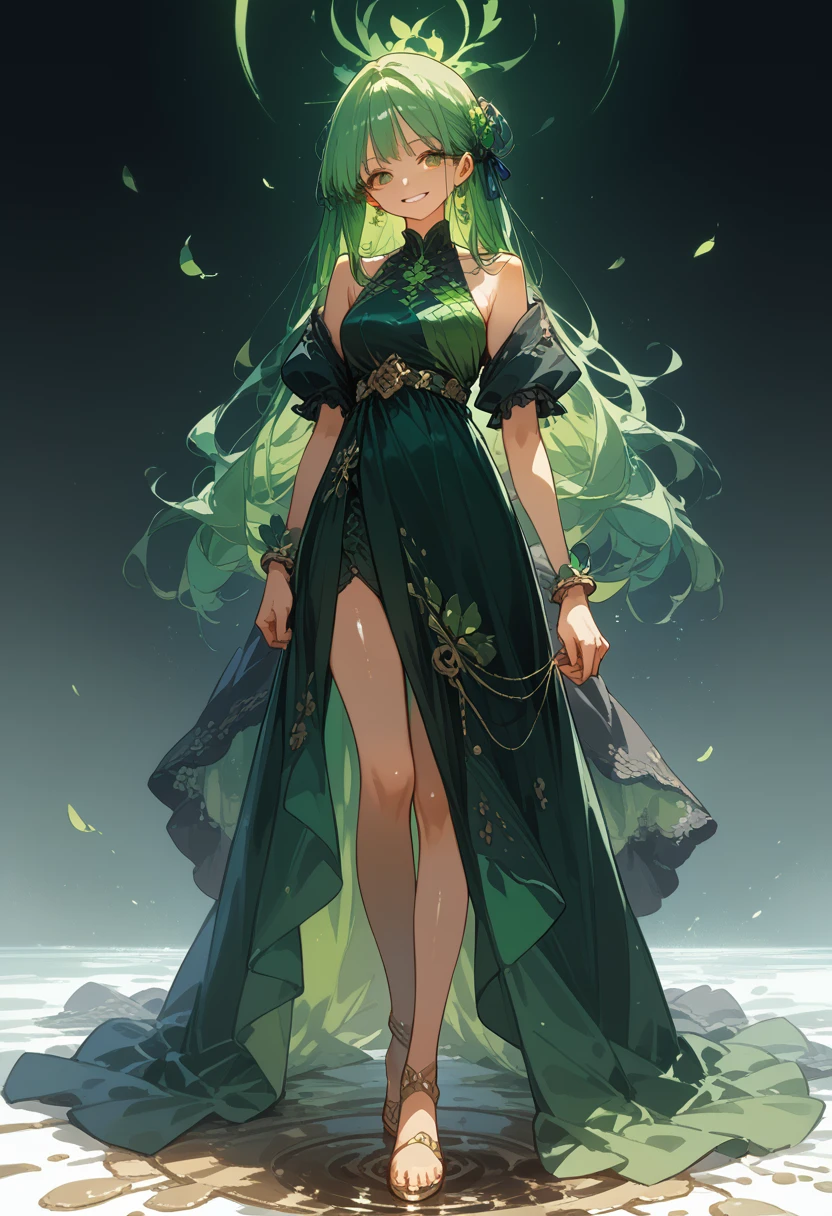 shiny Anime,Beautiful with Dark Green Hair and Long Hair,smile,bright colors,Precise Detailed Detail,Full-length look