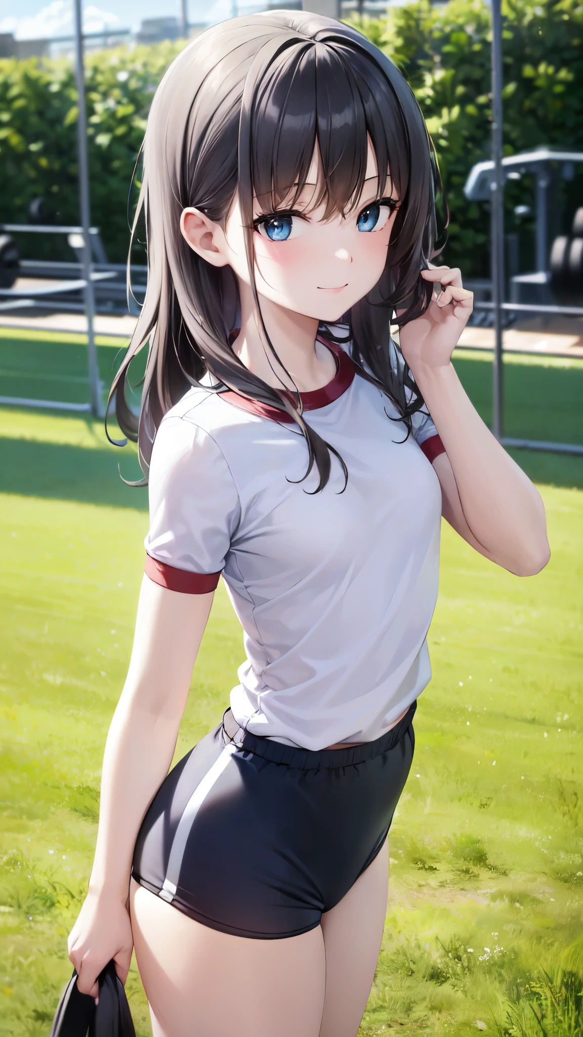 very cute and beautiful girl,(highly detailed beautiful face and eyes),(Gym clothes with short sleeves:1.5), Gymnastics, (Girl wearing gym clothes), (Girl in gym clothes), Sportswear, Blue_Shorts, standing,tiny colorful flowers on grassland,
(smile),looking at viewer,black hair,cowboy shot,
(best quality,masterpiece:1.0),absurdres,highres,ultra-detailed,extremely detailed,32K,
cinematic scene,detailed background,solo,dynamic angle,
hair fluttering in the wind,beautiful detailed sky,