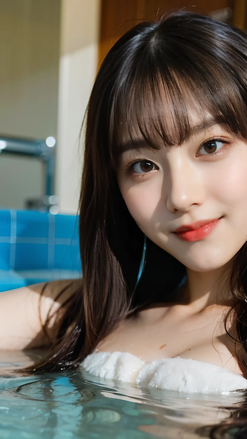 (8k、RAW Photos、Highest quality、masterpiece:1.2)、((naked、Nipples、Flat Chest、Make your face bigger:1.3))、(Realistic、Realistic)、1 girl、(cute、smile、bangs、Bathtub、Take a bath、sit)