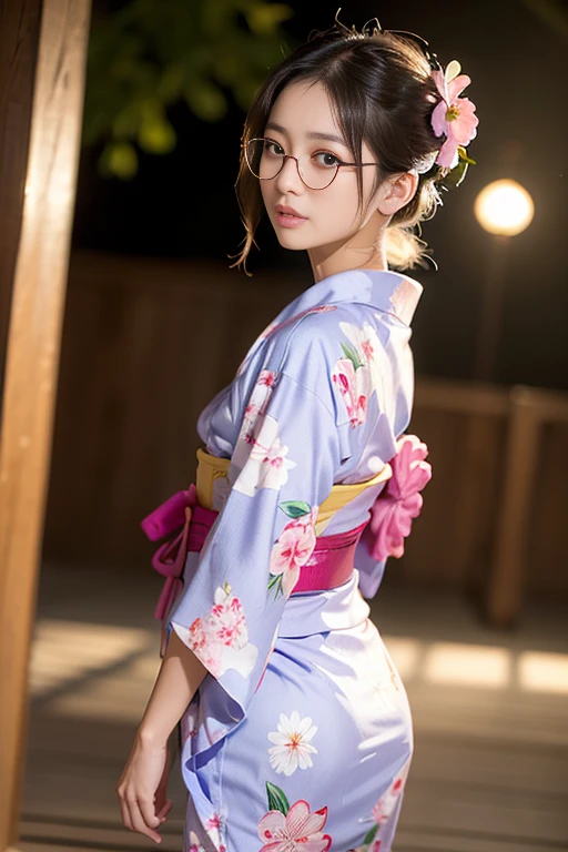 (masterpiece, Highest quality:1.4), Beautiful Face, 8k, 85mm, Absurd, (Floral Yukata:1.1), Face close-up, violet, Gardenia, Delicate, alone, night, View your viewers, Upper Body, Film Grain, chromatic aberration, Sharp focus, Face Light, Professional Lighting, Sophisticated, (smile:0.4), (Simple Background, Bokeh Background:1.2), detailed aspects,(Show one breast:1.2)((Very young and immature & Very few & Very flat chest:1.2),(Pink fashion glasses,1),(Showing anus from behind:1),(time々々Anal licking:1),(((Take off your yukata and show me your anus:1.2))),