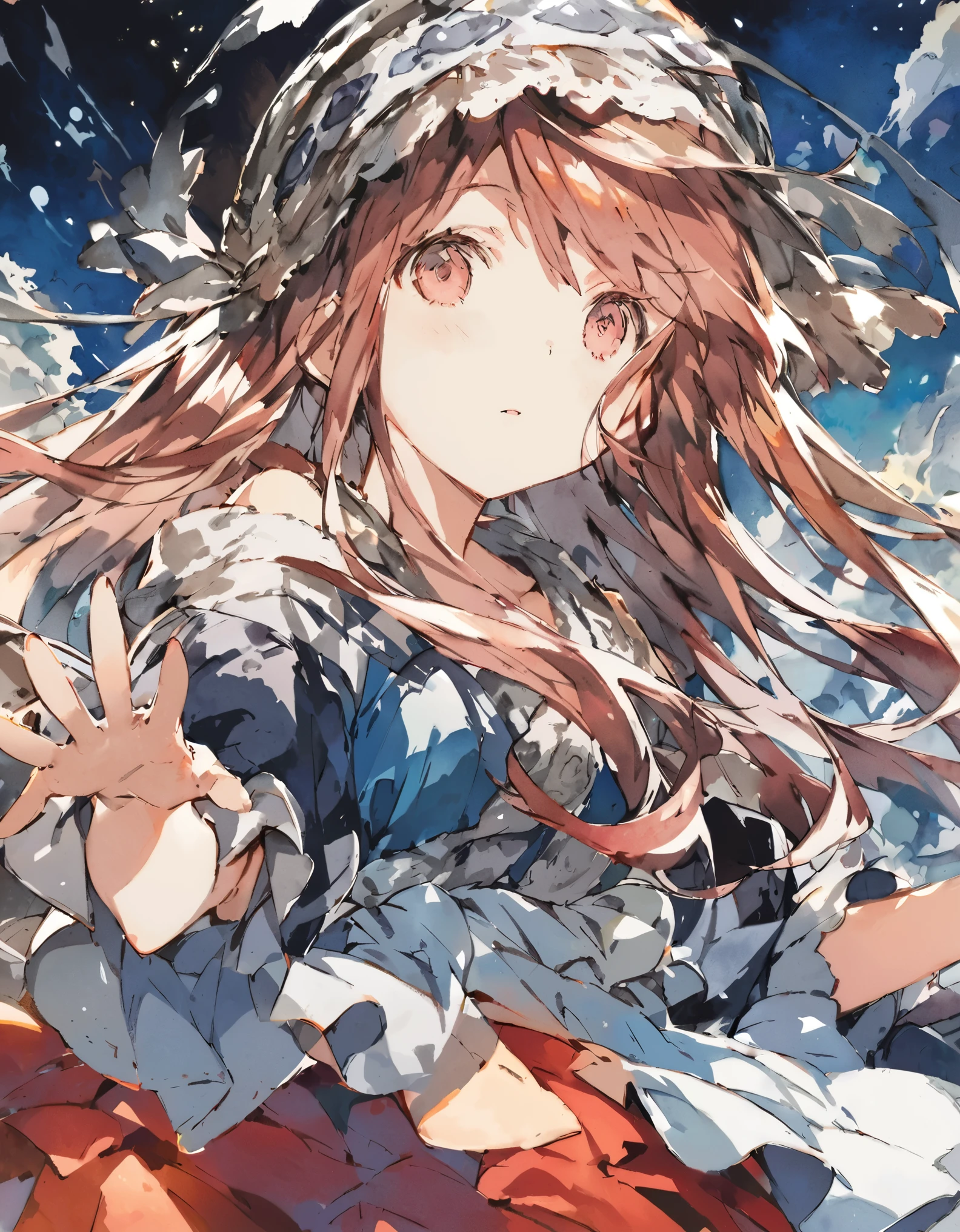 Official art using hand-drawn watercolor sketch technique　A girl lost at the end of the world