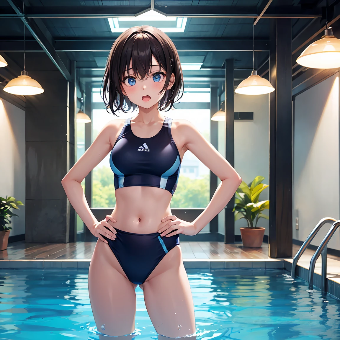An active 18-year-old girl、Wearing a competitive swimsuit、Opening mouth with a surprised expression、Stand with hands on hips、Realistically rendered under a brightly lit pool、High-resolution images。The water is up to the navel。