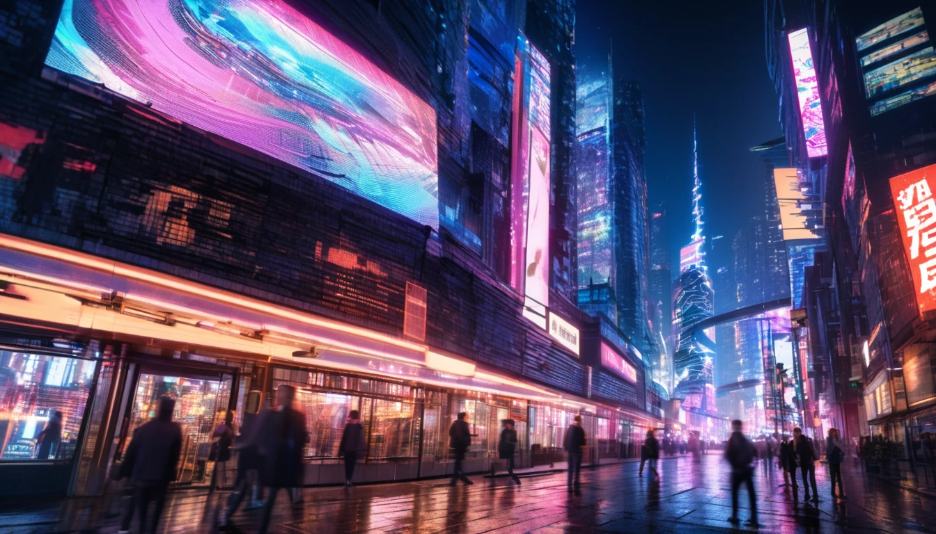In the modern city, the city at night, neon lights, tense lens, the main body of the photo is the background of the big city, bright and fresh photos, beautiful and abstract huge city