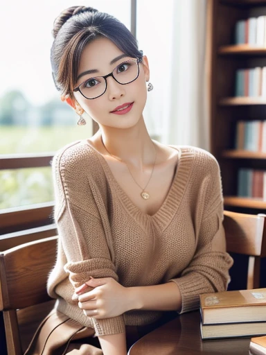(8k, RAW photo, best quality, masterpiece), (photo realistic), outstanding details, ultra-high resolution, anatomically correct, textured skin, ((Extremely precise and accurate anatomy)),
A cute 28-year-old Japanese woman, librarian arranging books in the library,
(fearless smile:0.1),
(Downturned Eyes), (kind eyes:1.2) , kind Gaze,
(lower chignon:1.4), (Rimless round glasses),
(makeup:0.1) , very short hair,
looking at viewer,
pupils sparkling, thin lips, (Mouth slightly open:1.2),small mouth, cherry pink lip,
dark brown hair, Forehead,
white simple summer sweater, BREAK, simple cotton Light brown flared skirt,
Earrings, Necklace,
Full Shot, whole body, (height: 148cm), High heels Has two legs,Has two arms、Has two legs, You need two arms,
(background Spacious library interior, bookshelves),
(backlighting),
reflection light from below,
atmospheric perspective, depth of field,
(dramatic lighting), cinematic lighting,