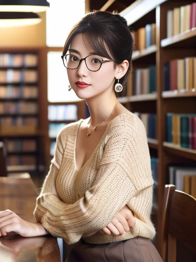   (8k, RAW photo, best quality, masterpiece), (photo realistic), outstanding details, ultra-high resolution, anatomically correct, textured skin, ((Extremely precise and accurate anatomy)),

A cute 28-year-old Japanese woman, librarian arranging books in the library, 

(fearless smile:0.1),  
(Downturned Eyes), (kind eyes:1.2) , kind Gaze, 
(lower  chignon:1.4), (Rimless round glasses), 
(makeup:0.1) , very short hair,  

looking at viewer, 
pupils sparkling,  thin lips, (Mouth slightly open:1.2),small mouth,  cherry pink lip, 
dark brown hair, Forehead, 
white simple summer sweater, BREAK, simple cotton Light brown flared skirt, 
Earrings, Necklace, 

Full Shot, whole body, (height: 148cm), High heels Has two legs,Has two arms、Has two legs, You need two arms, 

(background Spacious library interior, bookshelves), 
(backlighting), 
reflection light from below, 
atmospheric perspective, depth of field, 
(dramatic lighting), cinematic lighting, 
