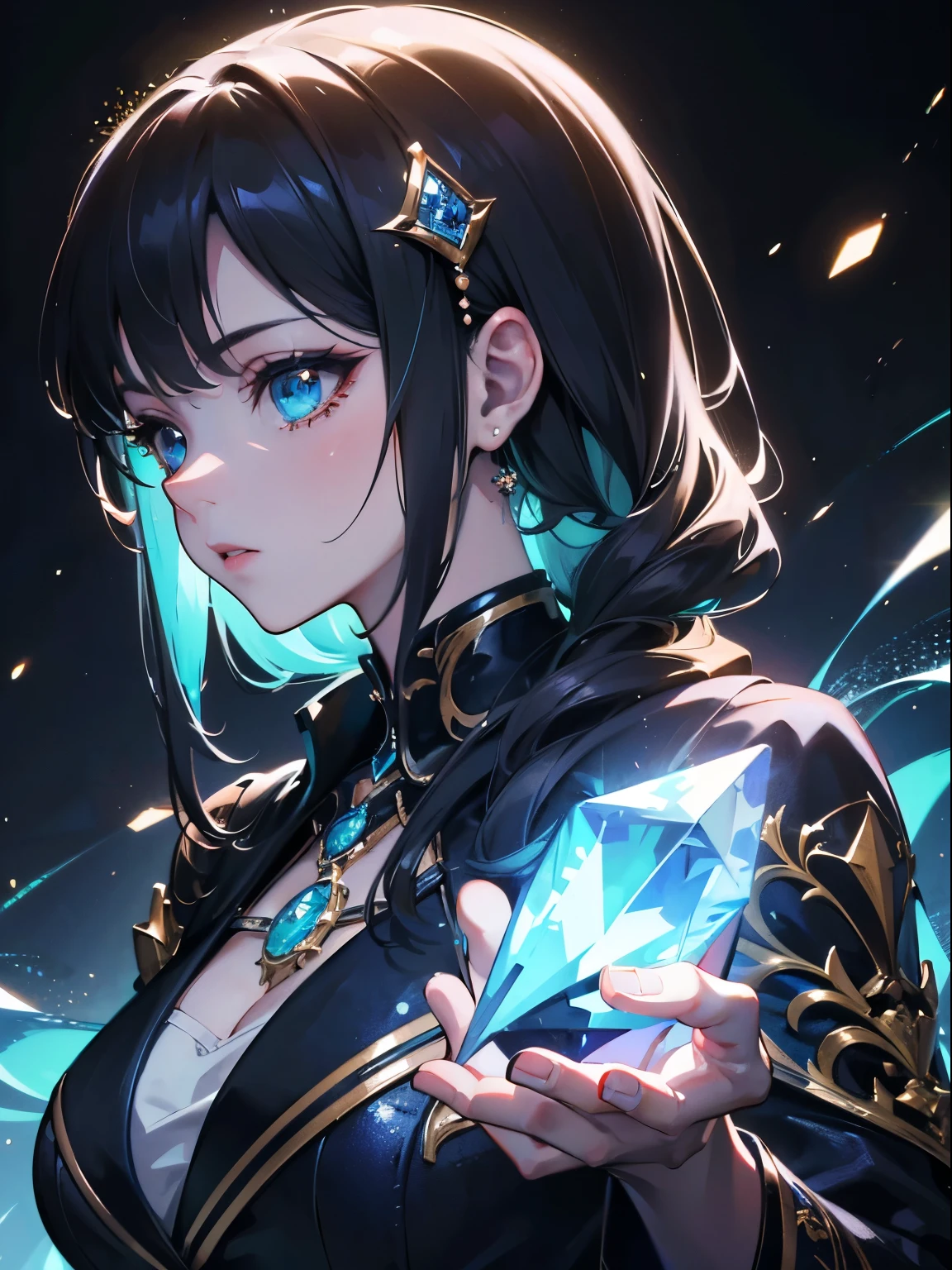 a detailed side view portrait of a beautiful anime girl with cinematic lighting, ((((holding a diamond)))), futuristic city, digital art, 4k, high quality, extremely detailed facial features, vivid colors, dramatic lighting, intricate background, highly detailed, photorealistic, beautifully rendered, concept art, cinematic composition