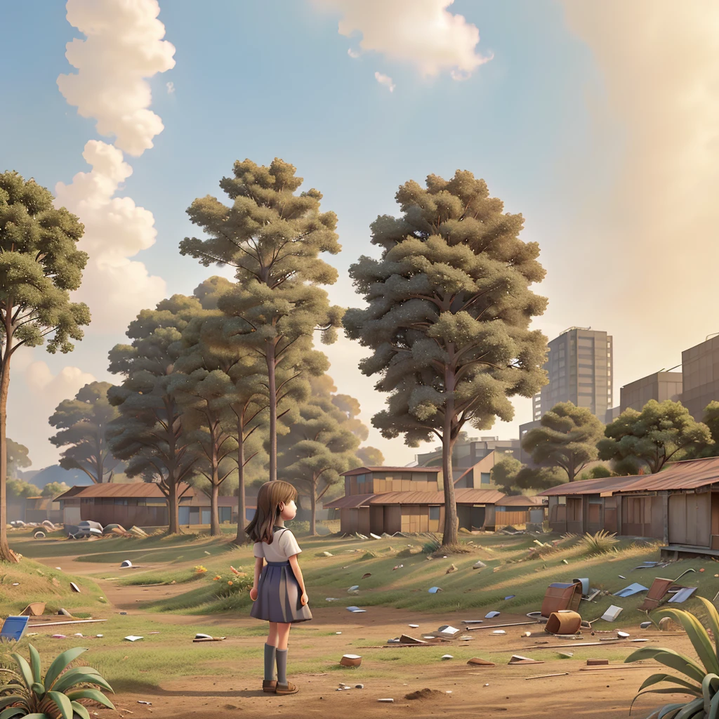 Generate a hyper-realistic image illustrating the future of nature being destroyed by human behaviors. The main subject is a young girl standing amidst the destruction. The background features a once-thriving forest now littered with deforestation, pollution, and industrial waste. In the distance, towering factories emit dark smoke into the sky, and the ground is scattered with plastic debris and dead plants. The sky is overcast, with a dull, grayish hue, reflecting the grim state of the environment. The girl's expression should convey a mix of sadness and concern as she witnesses the destruction around her.
Details:
Focus on the detailed features of the girl, her dress, and the devastated natural elements around her.
Ensure the factories, deforestation, pollution, and sky are depicted with stunning clarity and realism.
Capture the essence of a somber, reflective moment highlighting the impact of human behaviors on nature.
In-Bracket and Others:
(ultra detailed, absolutely high resolution, best quality:1.3)
(2.5D, delicate and dynamic, hyper realistic)
(artistic photography, graphic CG digital art)
(shading effects, gradation magic effects, glitter effects)
(sunlight effects, foggy filter effect, cartoon-style)