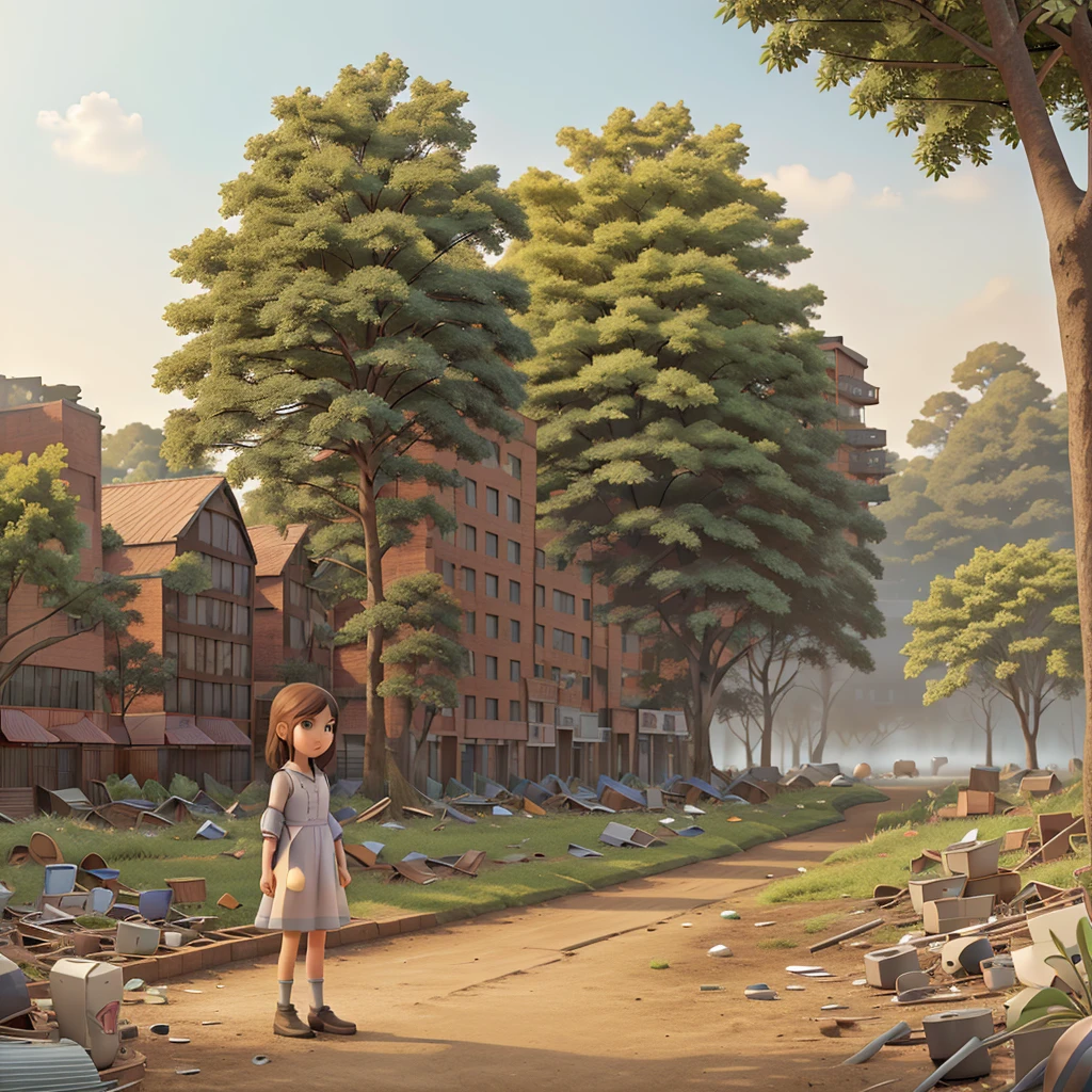 Generate a hyper-realistic image illustrating the future of nature being destroyed by human behaviors. The main subject is a young girl standing amidst the destruction. The background features a once-thriving forest now littered with deforestation, pollution, and industrial waste. In the distance, towering factories emit dark smoke into the sky, and the ground is scattered with plastic debris and dead plants. The sky is overcast, with a dull, grayish hue, reflecting the grim state of the environment. The girl's expression should convey a mix of sadness and concern as she witnesses the destruction around her.

Details:

Focus on the detailed features of the girl, her dress, and the devastated natural elements around her.
Ensure the factories, deforestation, pollution, and sky are depicted with stunning clarity and realism.
Capture the essence of a somber, reflective moment highlighting the impact of human behaviors on nature.
In-Bracket and Others:

(ultra detailed, absolutely high resolution, best quality:1.3)
(2.5D, delicate and dynamic, hyper realistic)
(artistic photography, graphic CG digital art)
(shading effects, gradation magic effects, glitter effects)
(sunlight effects, foggy filter effect, cartoon-style)