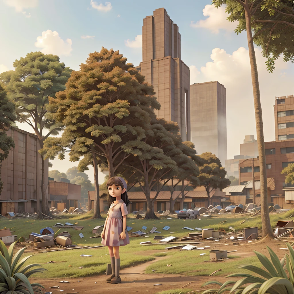 Generate a hyper-realistic image illustrating the future of nature being destroyed by human behaviors. The main subject is a young girl standing amidst the destruction. The background features a once-thriving forest now littered with deforestation, pollution, and industrial waste. In the distance, towering factories emit dark smoke into the sky, and the ground is scattered with plastic debris and dead plants. The sky is overcast, with a dull, grayish hue, reflecting the grim state of the environment. The girl's expression should convey a mix of sadness and concern as she witnesses the destruction around her.
Details:
Focus on the detailed features of the girl, her dress, and the devastated natural elements around her.
Ensure the factories, deforestation, pollution, and sky are depicted with stunning clarity and realism.
Capture the essence of a somber, reflective moment highlighting the impact of human behaviors on nature.
In-Bracket and Others:
(ultra detailed, absolutely high resolution, best quality:1.3)
(2.5D, delicate and dynamic, hyper realistic)
(artistic photography, graphic CG digital art)
(shading effects, gradation magic effects, glitter effects)
(sunlight effects, foggy filter effect, cartoon-style)