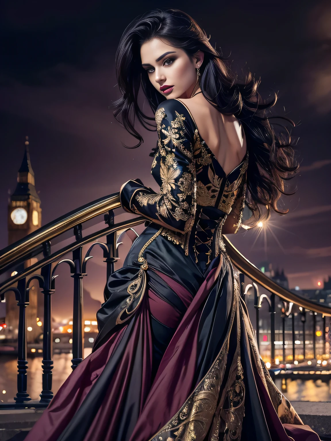 Twilight lady, beautiful and mysterious woman, a work of art of beauty, realistic and sharp focus, wearing sexy clothes. detailed Professionally retouched, soft lighting, realistic and smooth face, perfect eyes, sharp focus on eyes, 8k, high definition, incredibly detailed, complex, elegant. in a London BigBen fund. long black hair, striking face, expressive and crystalline green eyes, black floral tulle with gold embroidered edges draped over the shoulders, shiny red and gold satin corset, detailed and intricate, draped black skirt, light fabric, with golden roses at the waist, night background. Full HD.