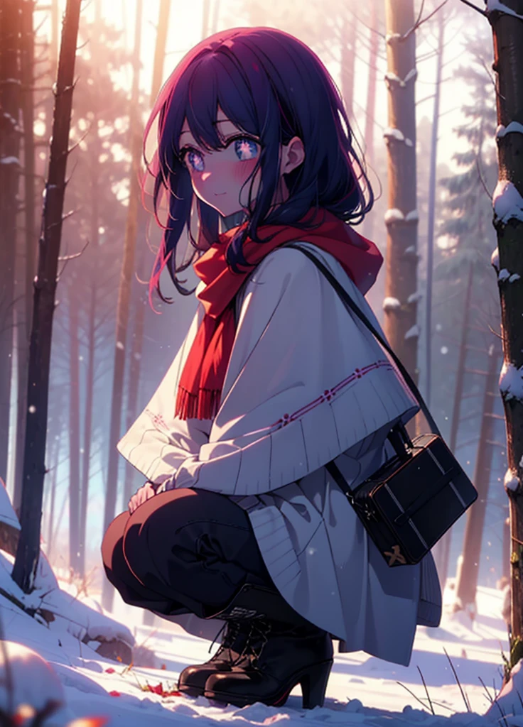 aihoshino, Ai Hoshino, Long Hair, bangs, (Purple eyes:1.1), Purple Hair, (Symbol-shaped pupil:1.5), smile,,smile,blush,white breath,
Open your mouth,snow,Ground bonfire, Outdoor, boots, snowing, From the side, wood, suitcase, Cape, Blurred, , forest, White handbag, nature, Squat, Mouth closed, Cape, winter, Written boundary depth, Black shoes, red Cape break looking at viewer, Upper Body, whole body, break Outdoor, forest, nature, break (masterpiece:1.2), Highest quality, High resolution, unity 8k wallpaper, (shape:0.8), (Beautiful and beautiful eyes:1.6), Highly detailed face, Perfect lighting, Highly detailed CG, (Perfect hands, Perfect Anatomy),