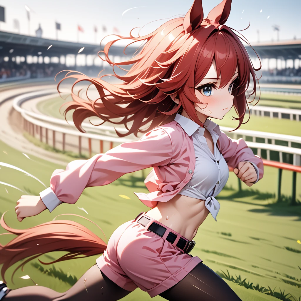 1girl,dantsu_flame\(umamusume\),horse tail,horse ears, pink clothes,black pantyhose, midriff, belt, tied shirt, pink skirt, navel, solo, pink shirt, long sleeves, pink shorts,serious,sweat,closed mouth,grit your teeth, motion blur,(from side),(((running))),((dash)), sweat,smoke,(((turf))),motion lines, (((horse racing track))), (((chibi))),,ai-generated,,beautiful eyes,masterpiece,best quality,highres,4k,8k,