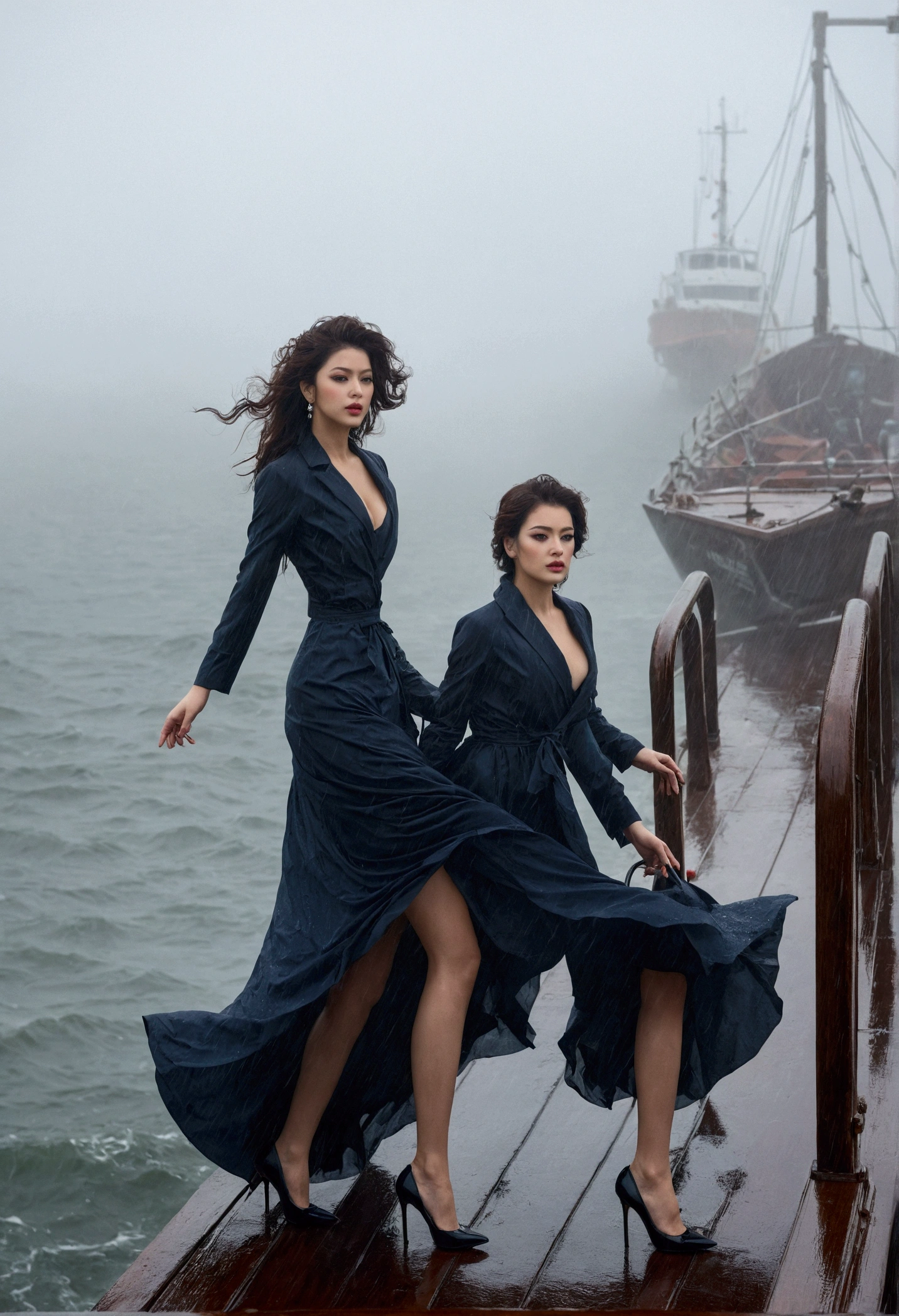 seaside，Trestle，Sexy Beauty，High heel，beauty，wind and rain，Boat，Foggy Day