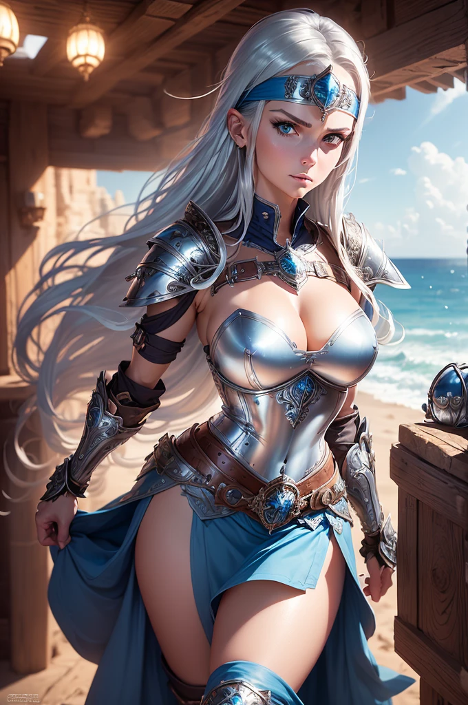 1girl, ((slim)) pirate sexywoman, thin waist, 18 years old, ((ornate ((silver)) breastplate armor)), average breasts. (((cleavage))), ((((very long blue skirt)))) with ((((single slit)) on the side)), ((headband)), on a ship, ((gorgeous slim face)), ((Brown hairs)), ((long straight flowing hairs)), sea, detailled face, marterwork, serious eyes, intense detailled eyes