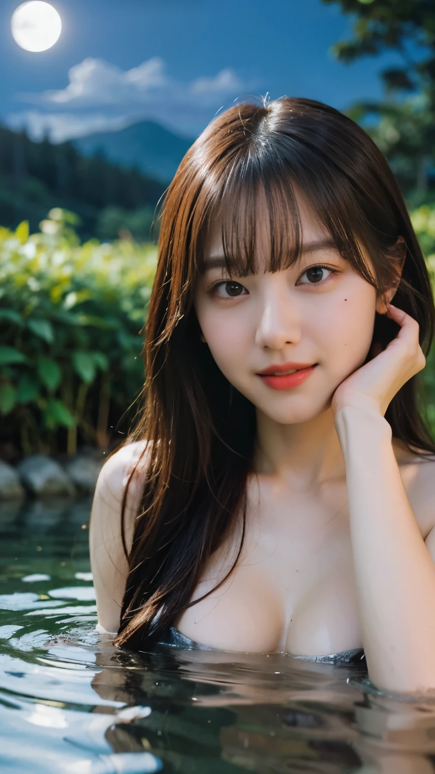 (8k、RAW Photos、Highest quality、masterpiece:1.2)、((night、moonlight:1.5))、((naked、Flat Chest、Make your face bigger:1.3))、(Realistic、Realistic)、1 girl、(cute、smile、bangs、hot spring、relaxing after a hot bath、bamboo forest))
