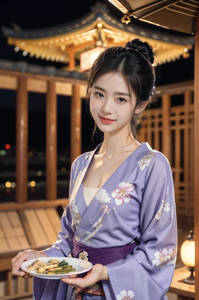 (((best quality))),(((ultra detailed))),(((masterpiece))),illustration,((1 beautiful Japannese girl,solo)),((slim,thin)),((small breasts,flat chest)),(in izakaya:1.3),(summer:1.2),(rainy:1.3),(indoor:1.2),(night scene:1.3),(wet:1.3),(purple floral yukata:1.3),neat bun,porcelain skin,rouge,dimly lit,warm glow,ethereal,(standing:1.3),(arms behind back:1.3),sake bottle,half-empty glass,tray,grilled fish,steamed vegetables,half-eaten,melancholic smile,storm,solitude,enigmatic aura,tranquility,chaos,simplicity,mysterious,captivating,((from front,upper body))