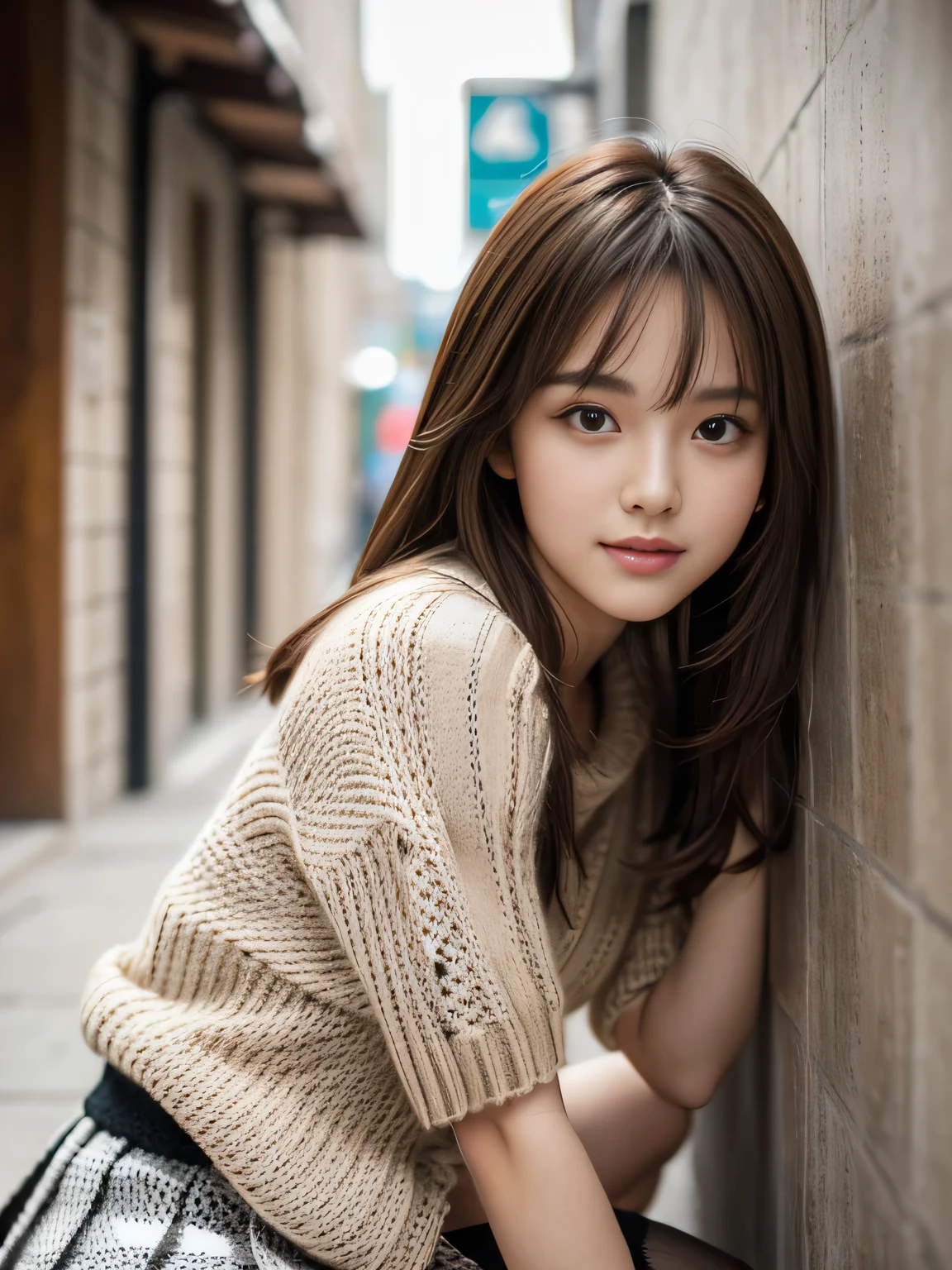 masterpiece, best quality, ultra-detailed, hyperdetailed, realistic, sharp features, highly detailed, sharp focus, Realistic, Photorealistic:1.3, (19 years old:1.3), perfect face, perfect symmetrically eyes, perfect lips, hyper detailed, hyper realistic, high resolution, Fashion Model, Japanese Idol, Slender, brown hair, Stylish, model poses, Beautiful Face, light brown hair, messy hair, diagonal bangs, (seductive smile), (looking at viewer), cinematic lighting, blurred background, (Argyle knit:1.2), ((Pleated miniskirt, black high socks)), (leaning on wall),