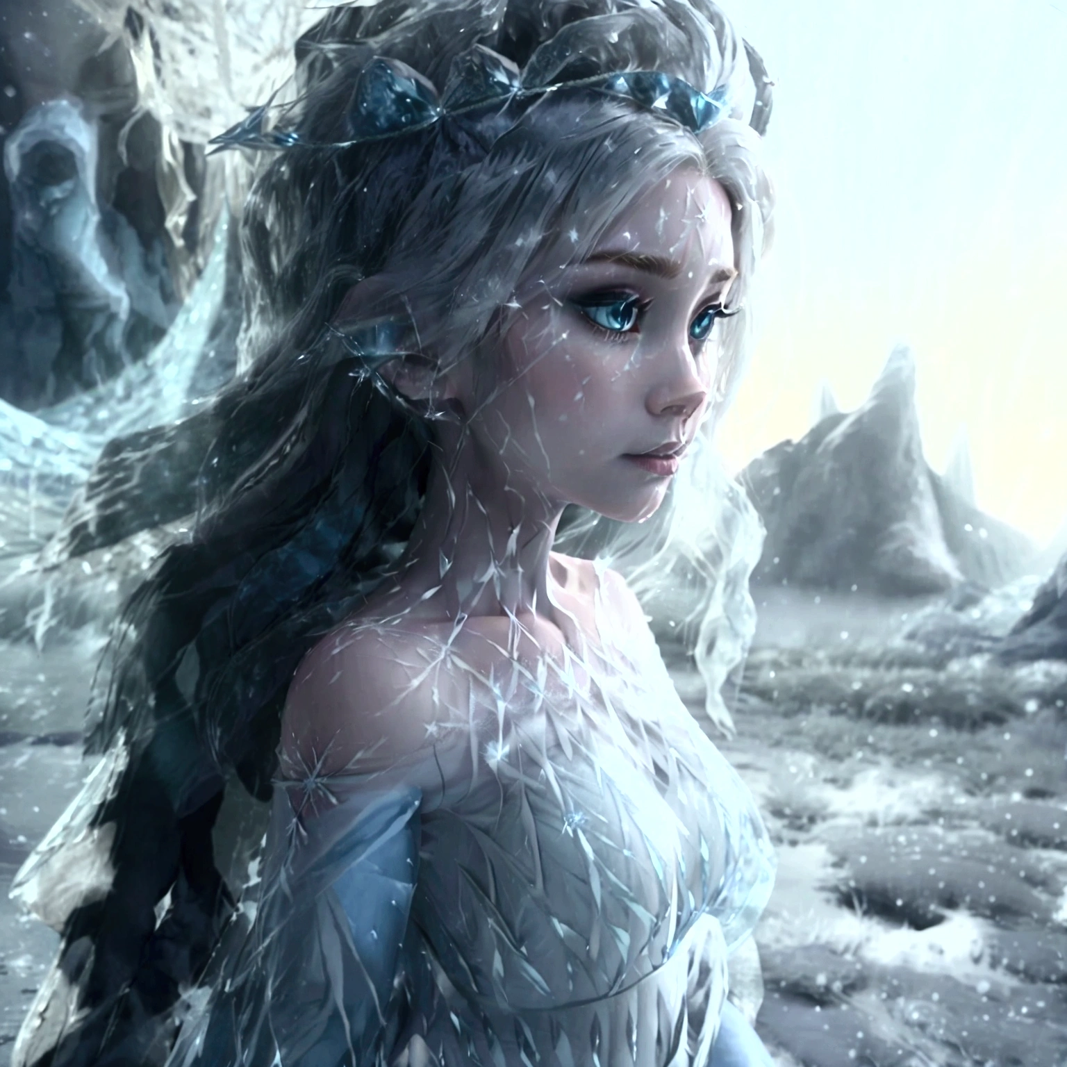 Create an anime-style character named Talia, the 'Frost Queen.' She should have an icy, regal demeanor, with large, expressive eyes and a commanding pose. Outfit her in a majestic, frost-themed gown with intricate snowflake patterns and a flowing, icy cape. Her crown and staff should be adorned with frozen crystals. The background should be a wintry landscape with snow-covered mountains and shimmering ice. Capture Talia's frosty elegance and regal presence.