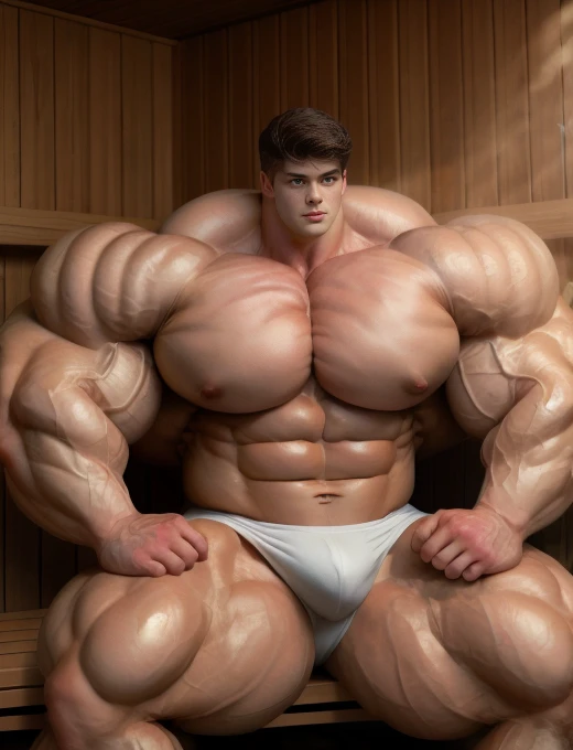 1boy, giant, giant bodybuilder, stand, warm light, strong body, bulk, large size, staring, sitting in the sauna, praying hand, open legs, nude, white triangular underwear, prominent bulge, extraordinary big, brutalmass, giant, muscular body, dark hair, bulk, buff, massive body, large meaty body size, extremely wide body