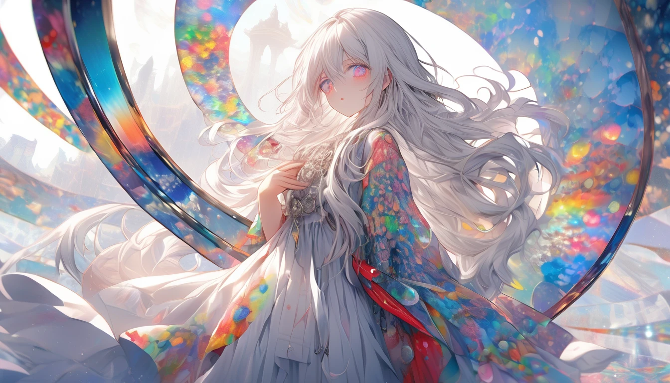 **132. One person。mysterious。Long-haired white-haired girl。Cowboy shot or close-up。
masterpiece, best quality, ultra detailed
(Detailed fingers), (Emotional), (Breathtakingly beautiful), (main part: 1.2 Whole body.), (Anime Style), (Very detailed), (Brutal), (超High resolution, High resolution), (8k), (High resolution: 1.2), (Complex and beautiful: 1.2)**
- background: Dreamlike abstract landscape、Colorful swirls。
- Long-haired white-haired girl: A delicately drawn fantasy-style dress、Transparent Eyes。He is holding a large kaleidoscope in his hands.。
- Effects: Light emitted from a kaleidoscope、Colorful patterns all around。