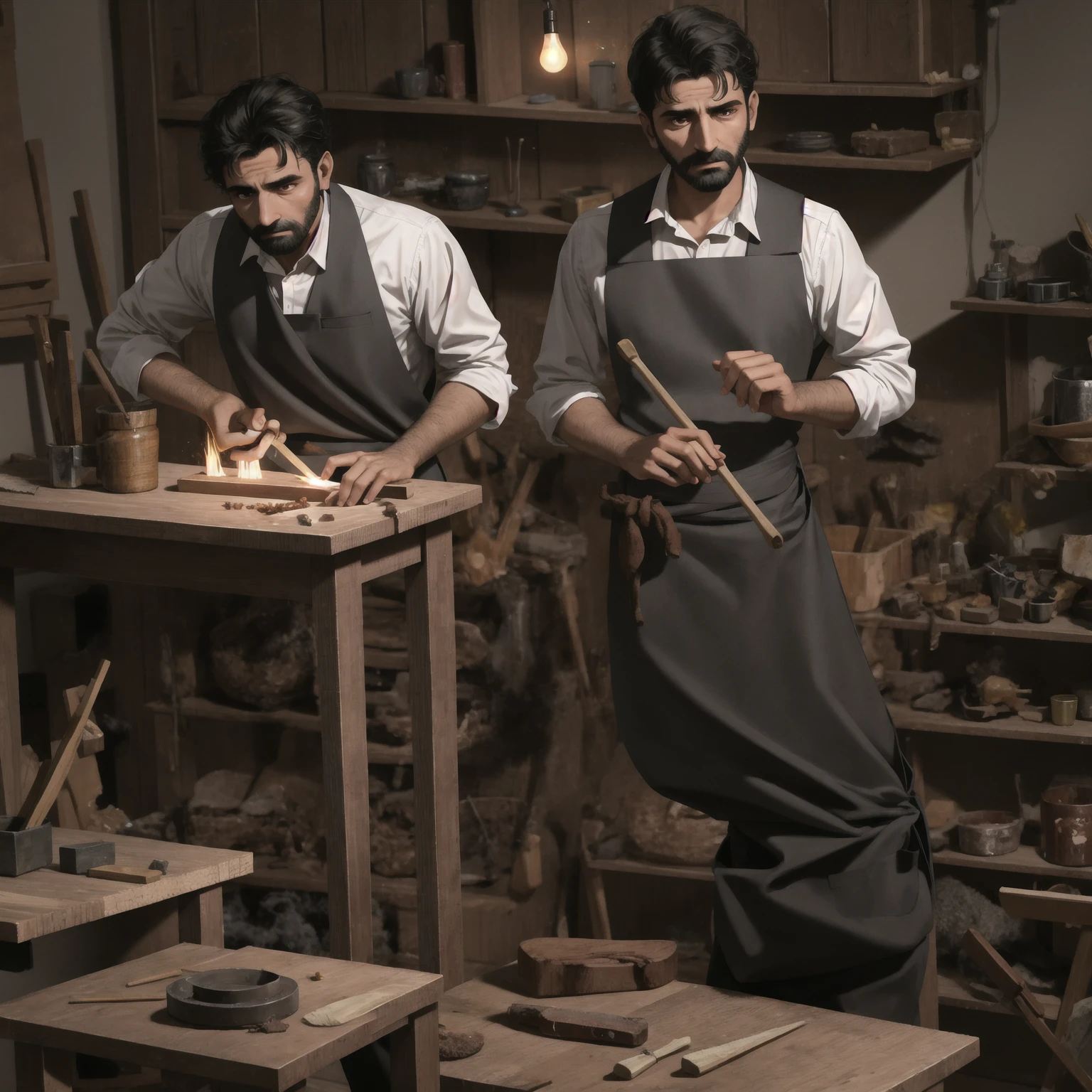 A small, dimly lit workshop with wooden tools and pieces of furniture in various stages of completion. Arif is focused on crafting a wooden chair, his hands steady as he chisels the wood. His clothes are slightly more rugged now, with a leather apron over his shirt and trousers. His expression shows concentration and determination. The scene should convey a sense of learning and hard work."