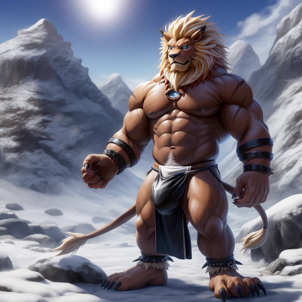Furry, Kemono, Leon, Leomon, Digimon, solo, Bigg Ass, Male Bulge, masculine, Full body, Feet, Braided Mane, Black leather harness, Spiked Anklet, White fitted fundoshi, (white Fundoshi) , snowy mountains background, (Anime Blue Eyes), (Perfect Eyes), High Resolution, 4K Detailed, Good Lighting, Beautiful, Photorealistic, Realistic, (japanese Fundoshi), (white thong), tail, Lion tail, black claw nails, Big Scar on left shoulder