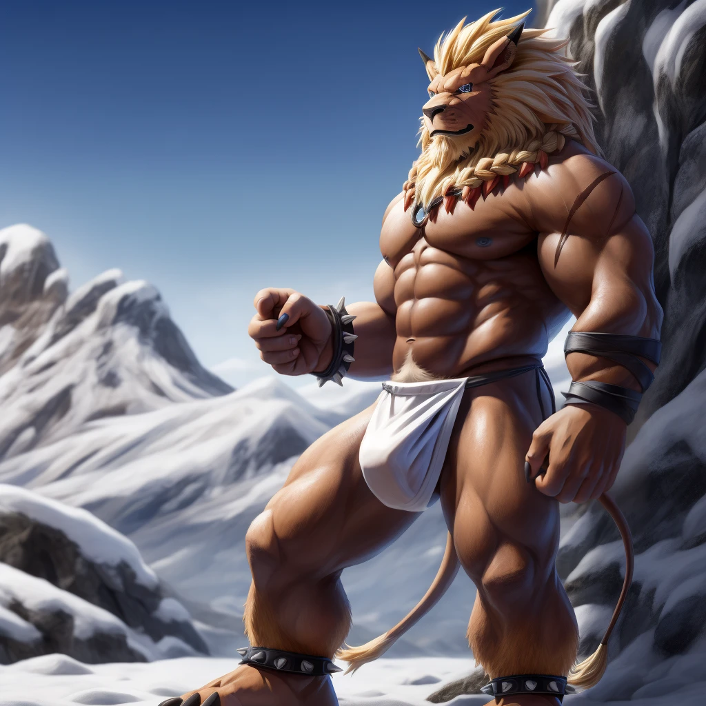 Furry, Kemono, Leon, Leomon, Digimon, solo, Bigg Ass, Male Bulge, masculine, Full body, Feet, Braided Mane, Black leather harness, Spiked Anklet, White fitted fundoshi, (white Fundoshi) , snowy mountains background, (Anime Blue Eyes), (Perfect Eyes), High Resolution, 4K Detailed, Good Lighting, Beautiful, Photorealistic, Realistic, (japanese Fundoshi), (white thong), tail, Lion tail, black claw nails, Big Scar on left shoulder