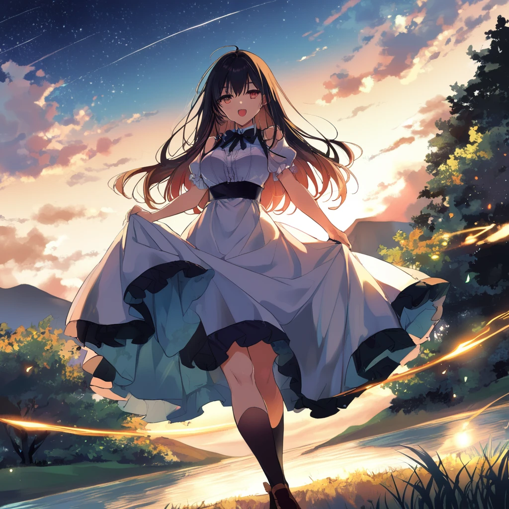 (((masterpiece))),(((Highest quality))),((Very detailed)),Rear View, Looking at the moon, 空にはuniverse船がある, Black Hair Girl, 16-year-old girl, (Stand 20 meters apart),Standing on the grass in front of the lake, landscape, universe, 8k, Super Detail,The whole scene is shining'S、illumination、Particles of light,