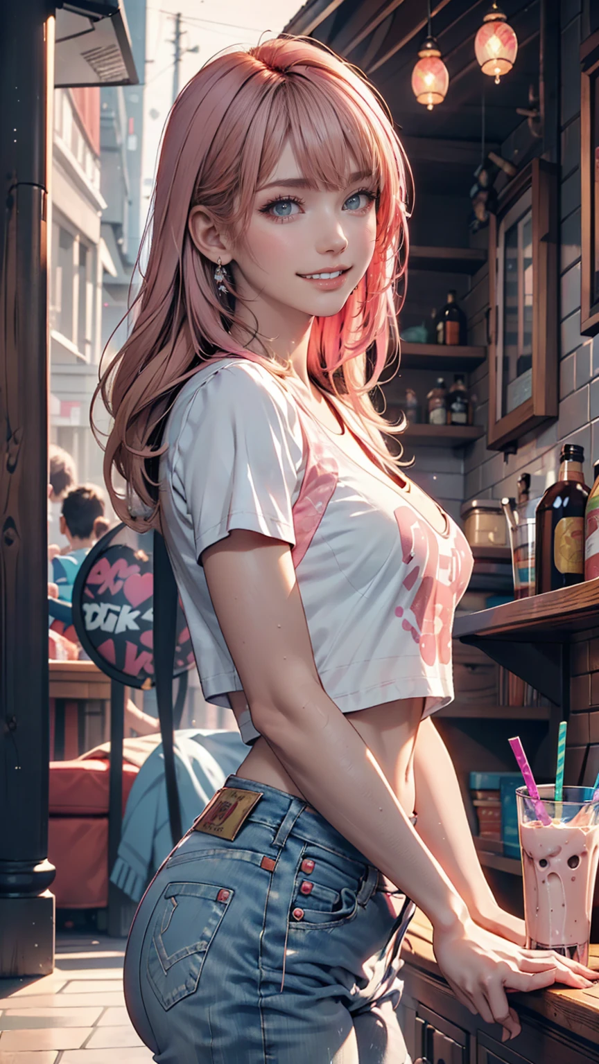 AniPoma 1,(masterpiece, Best illustrations, The best manga), alone, One Girl, Purple eyes, (Glowing Skin, Soft Hair), (Milkshake in hand), freckles, (bright pink two-tone hair:1.3), (Wearing a Led Zeppelin T-shirt, Denim jeans), (Extreme light and shadow, Volumetric lighting, Rim Light), (dawn:.5), (Rainbow Light, Light leakage), (attractive, Grin), (alone), manga dusk 1, Manga 1