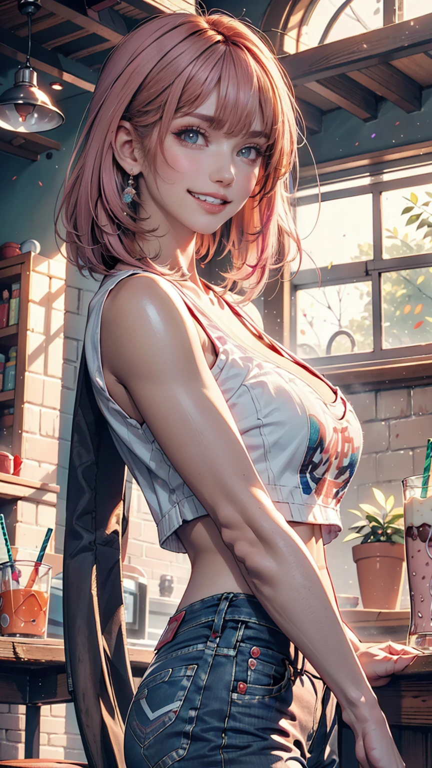 AniPoma 1,(masterpiece, Best illustrations, The best manga), alone, One Girl, Purple eyes, (Glowing Skin, Soft Hair), (Milkshake in hand), freckles, (bright pink two-tone hair:1.3), (Wearing a Led Zeppelin T-shirt, Denim jeans), (Extreme light and shadow, Volumetric lighting, Rim Light), (dawn:.5), (Rainbow Light, Light leakage), (attractive, Grin), (alone), manga dusk 1, Manga 1