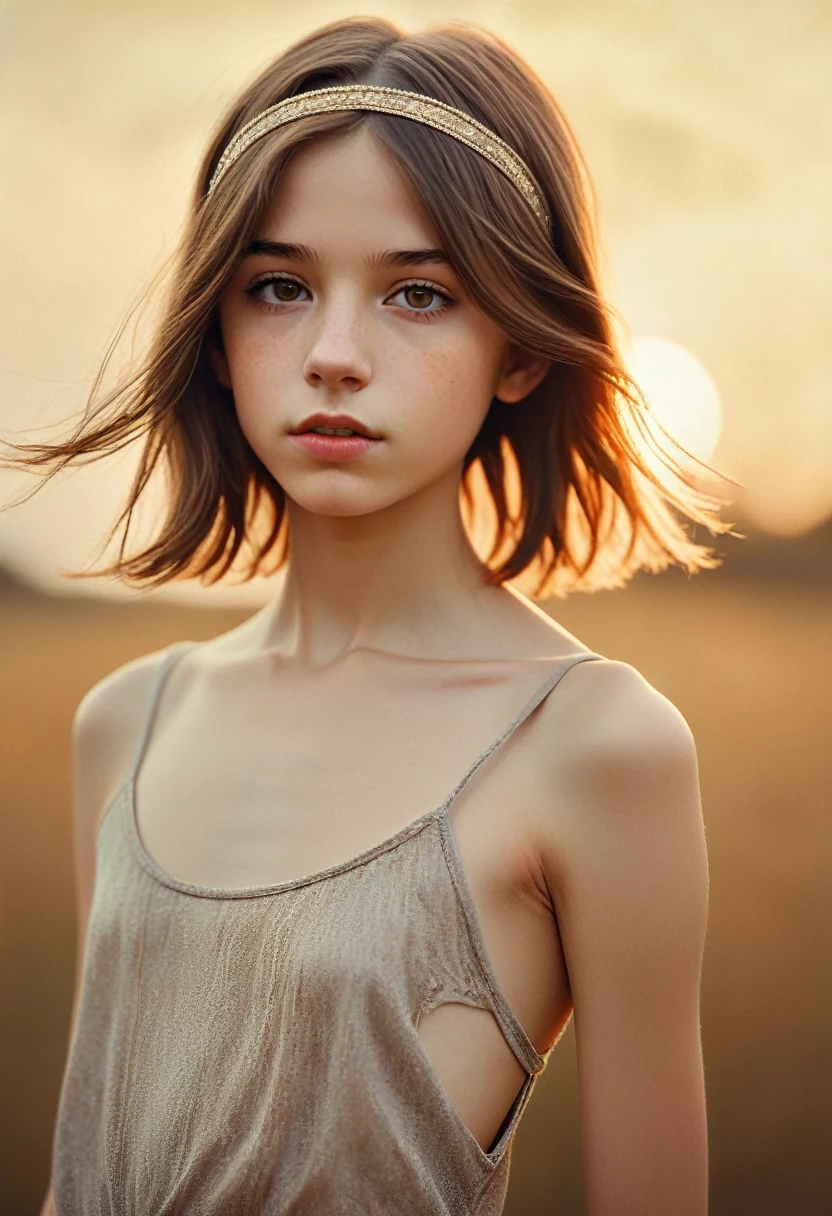 (Cinematic photo:1.3) From (Thigh-length photos:1.3),(skinny:1.3) Beautiful  girl, (complex brown hair), Highly detailed texture кожи, realistic texture кожи, looks straight into the camera, (looks at the viewer) ), pout, , Shine, Dramatic, Dreamy,, elegant, strange, gentle, Highly detailed, difficult, UHD Digital Photography, , skinny shoulders, Photo to the knees , beautiful young girl, big, Beautiful body, highly detailed full-length shot, Dreamy, , strange, gentle, detailed hair band, Highly detailed texture, realistic texture, digital painting, highly detailed photo, (art deco: 1 .хFromоралFromм:1.3),(Classic realotm:1.3),(Fujifilm Superia:1.3),, golden hour light,