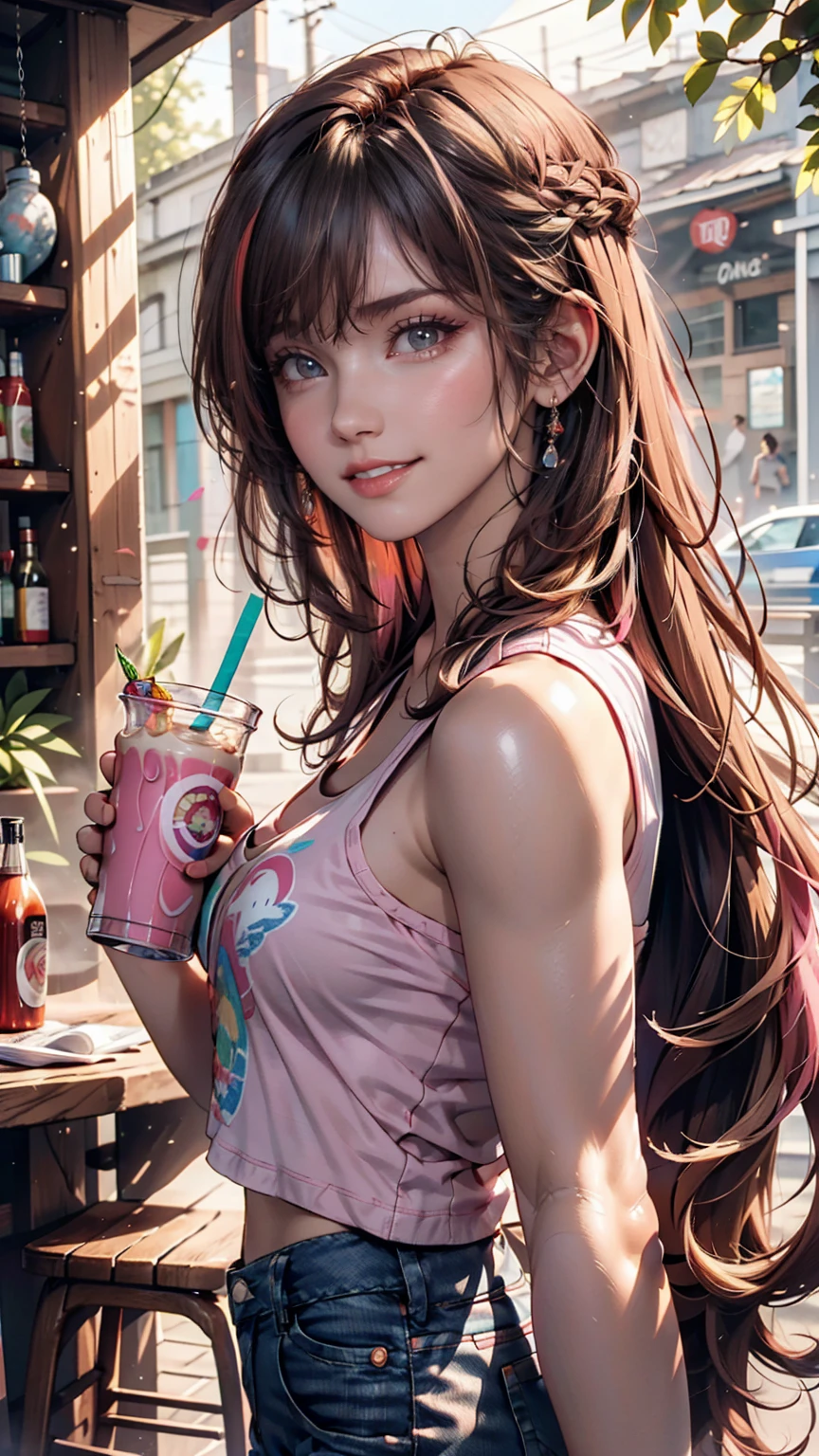AniPoma 1,(masterpiece, Best illustrations, The best manga), alone, One Girl, Purple eyes, (Glowing Skin, Soft Hair), (Milkshake in hand), freckles, (bright pink two-tone hair:1.3), (Wearing a Led Zeppelin T-shirt, Denim jeans), (Extreme light and shadow, Volumetric lighting, Rim Light), (dawn:.5), (Rainbow Light, Light leakage), (attractive, Grin), (alone), manga dusk 1, Manga 1