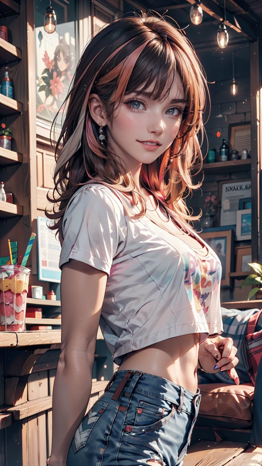 AniPoma 1,(masterpiece, Best illustrations, The best manga), alone, One Girl, Purple eyes, (Glowing Skin, Soft Hair), (Milkshake in hand), freckles, (bright pink two-tone hair:1.3), (Wearing a Led Zeppelin T-shirt, Denim jeans), (Extreme light and shadow, Volumetric lighting, Rim Light), (dawn:.5), (Rainbow Light, Light leakage), (attractive, Grin), (alone), manga dusk 1, Manga 1