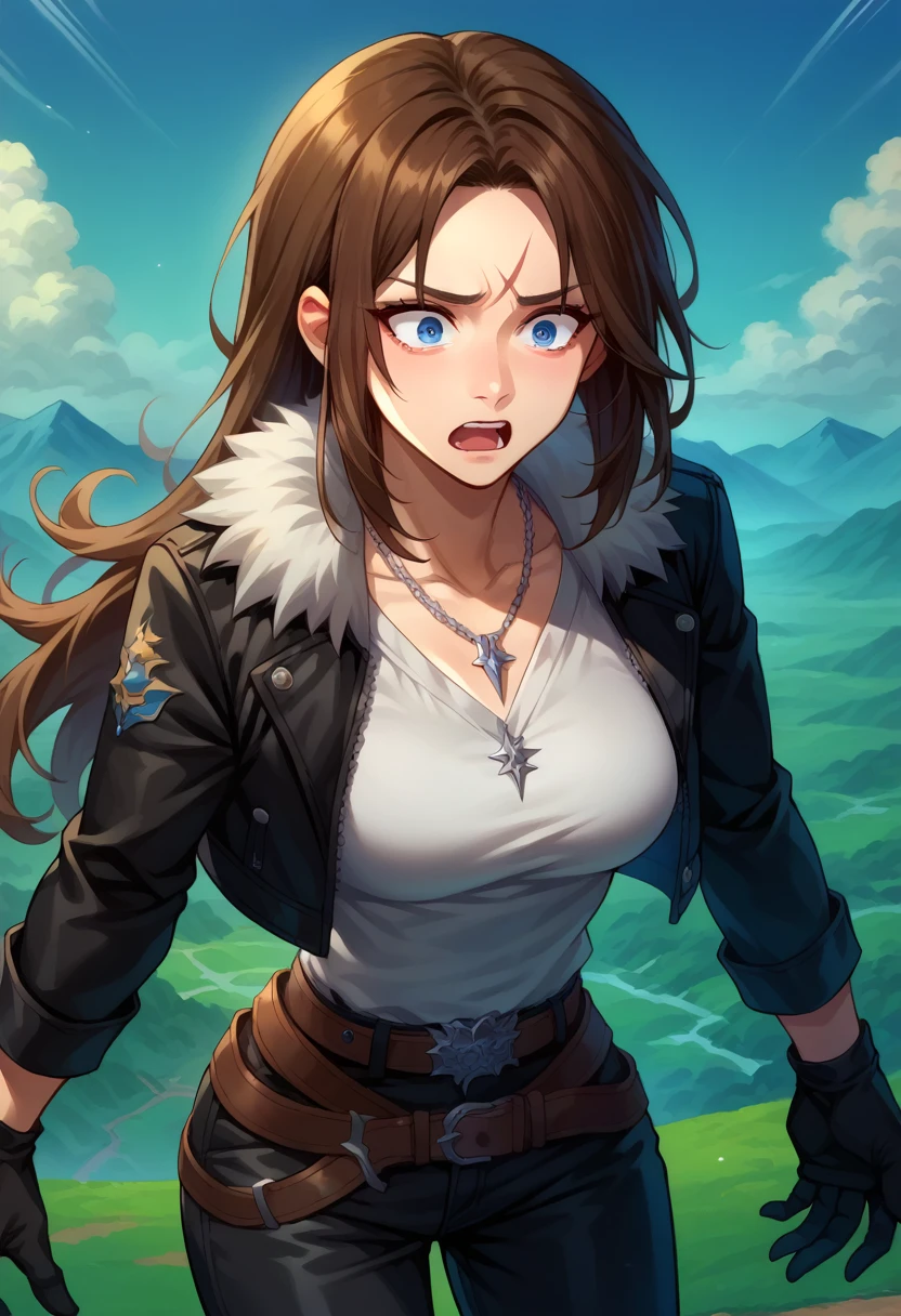 score_9, score_8_up, score_7_up, girl, boy, solo, squall, medium breasts, necklace, brown hair, long hair, gloves, white shirt, blue eyes, shirt, black gloves, jacket, black jacket, fur trim jacket, black pants, belt, scar, diagonal scar, scar on forehead, parted bangs, sweathing, shaking, thin waist, leaning forward, shocked face, scared, screaming, stiff hands, standing, looking down, landscape,