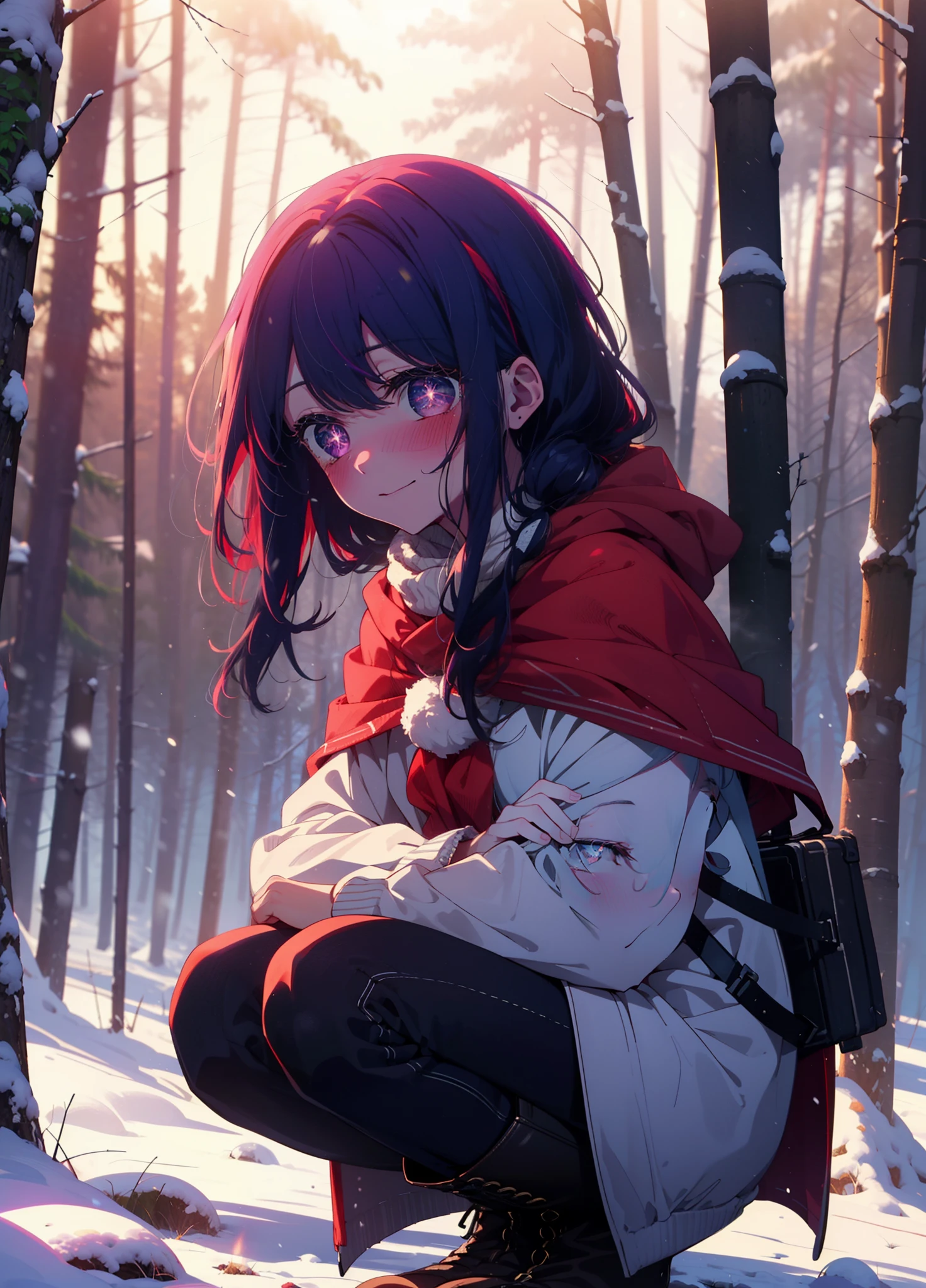 aihoshino, Ai Hoshino, Long Hair, bangs, (Purple eyes:1.1), Purple Hair, (Symbol-shaped pupil:1.5), smile,,smile,blush,white breath,
Open your mouth,snow,Ground bonfire, Outdoor, boots, snowing, From the side, wood, suitcase, Cape, Blurred, , forest, White handbag, nature, Squat, Mouth closed, Cape, winter, Written boundary depth, Black shoes, red Cape break looking at viewer, Upper Body, whole body, break Outdoor, forest, nature, break (masterpiece:1.2), Highest quality, High resolution, unity 8k wallpaper, (shape:0.8), (Beautiful and beautiful eyes:1.6), Highly detailed face, Perfect lighting, Highly detailed CG, (Perfect hands, Perfect Anatomy),